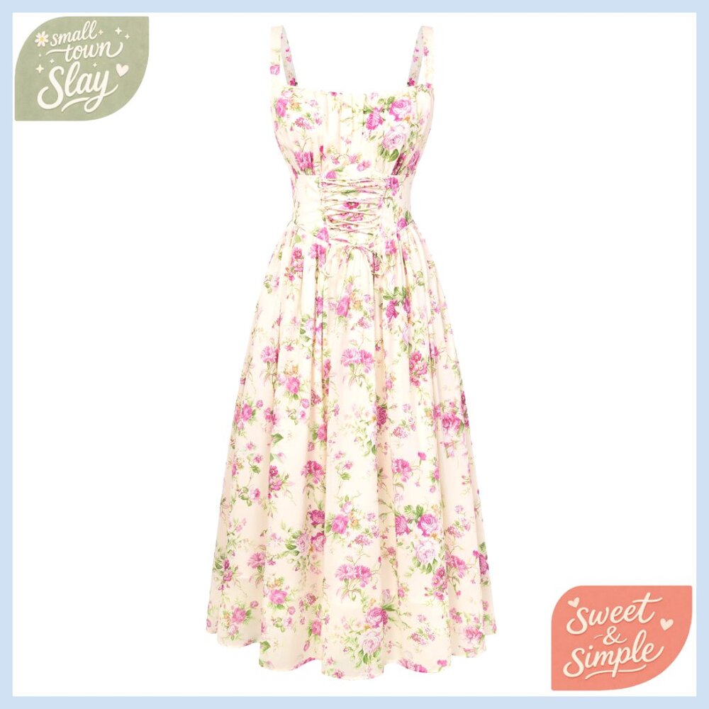 Floral Sweetheart Fit-and-Flare Dress in Cream and Pink